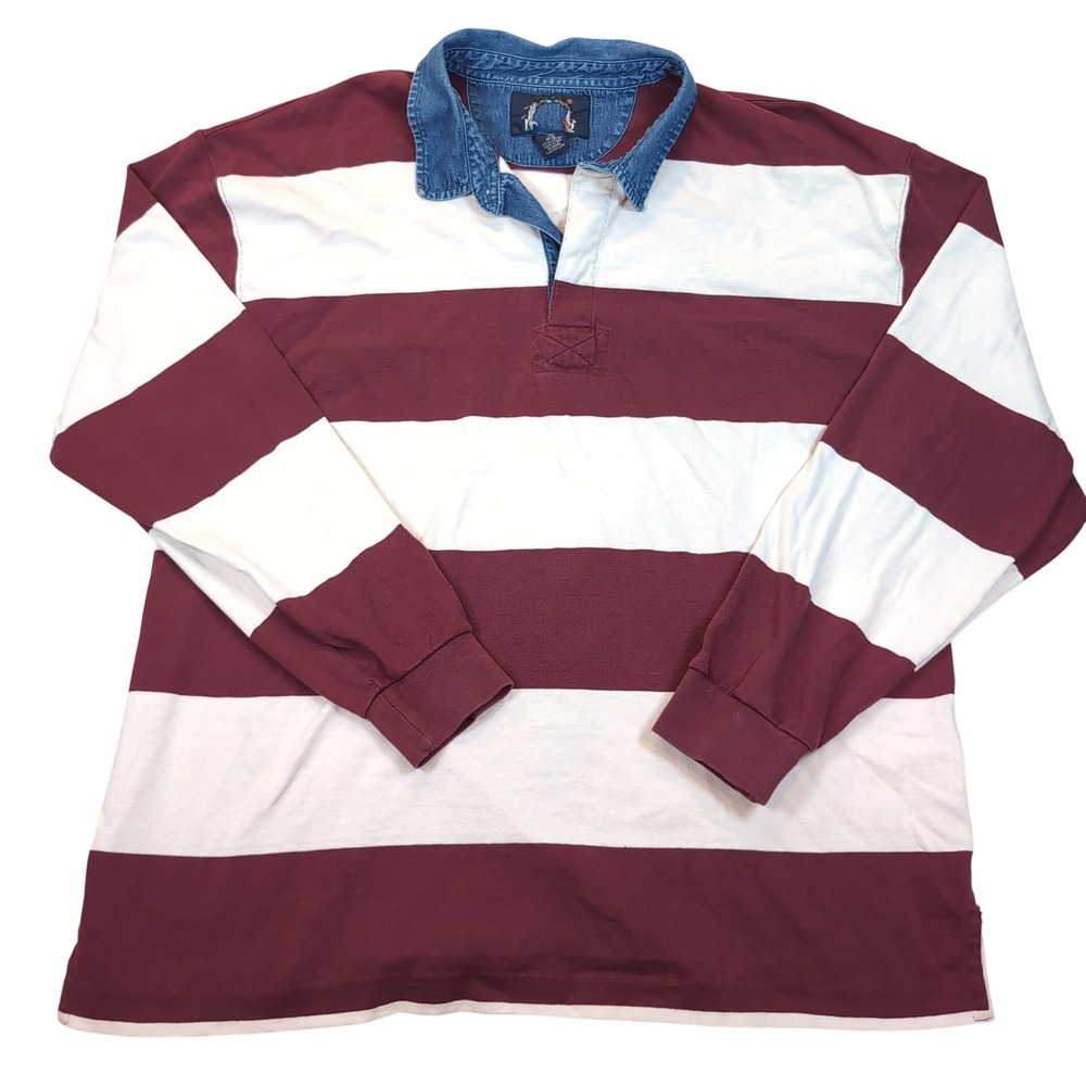 Lands End Rugby Shirt Mens XL Tall Burgundy White Striped Denim Collar Vintage